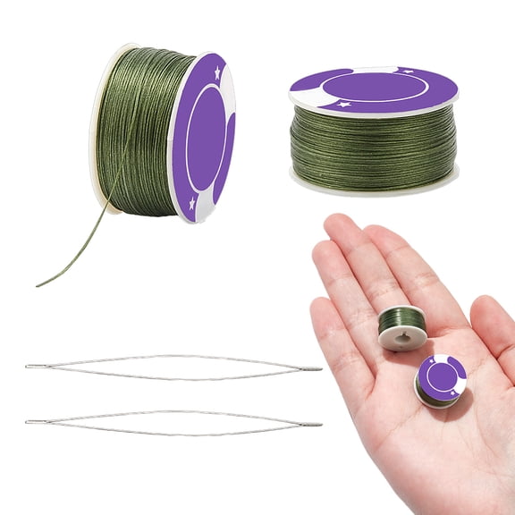 100 Yards Seed Bead Thread 0.1mm Polyester String for Bracelets Special Coated Sewing Thread with 2 Pcs Big Eye Beading Dark Olive Green