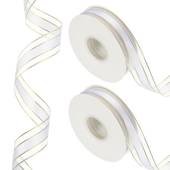 100 Yards x 1" Striped Ribbon, Gold and White Candy Ribbon Roll Metallic Gift Wrapping Ribbon for Christmas Craft Wreath Birthday Wedding Festival Decoration