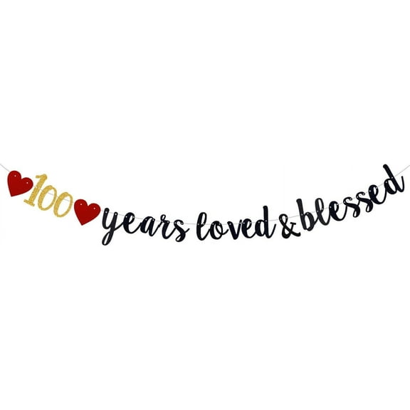 100 Year Loved & Black Glitter Banner, Happy 100th Birthday Party Decorations, Supplies (Pre-Strung)