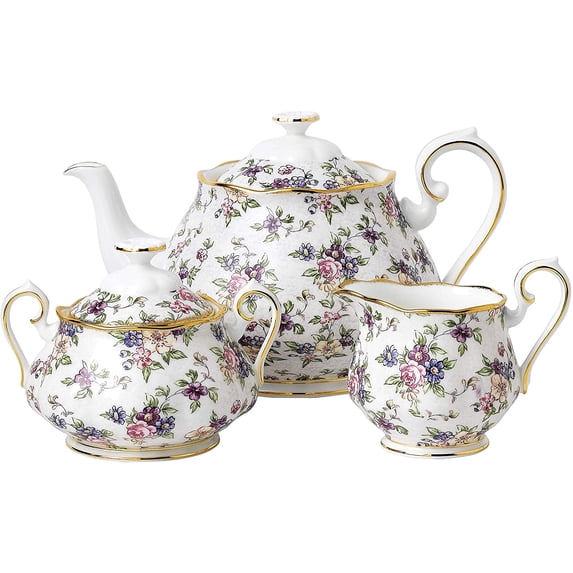 100 Years Teapot Sugar Cream, 3 Piece Set Englsih Chintz 1940, Bone China, Multicolor