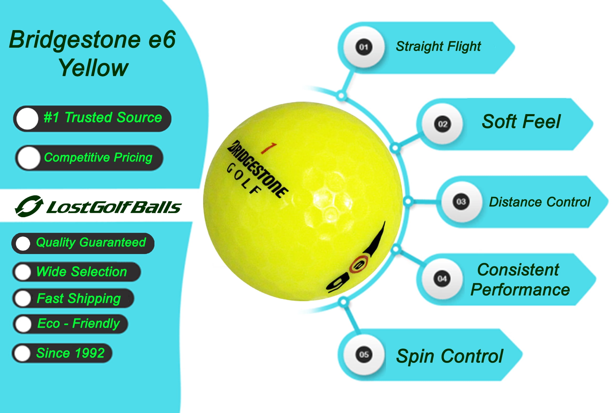 100 Yellow Bridgestone e6 Golf Balls in Mint Condition, Recycled Used Golf Balls, AAAAA Quality, White