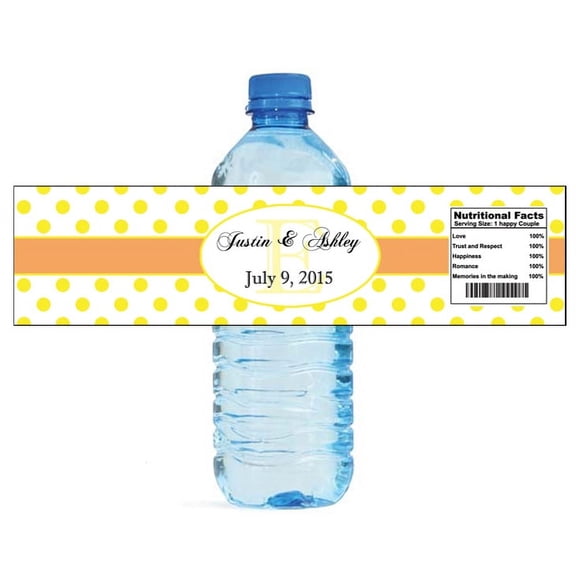 100 Yellow Polka Dot Orange Band Wedding Anniversary Engagement Party Water Bottle Labels 8"x2"