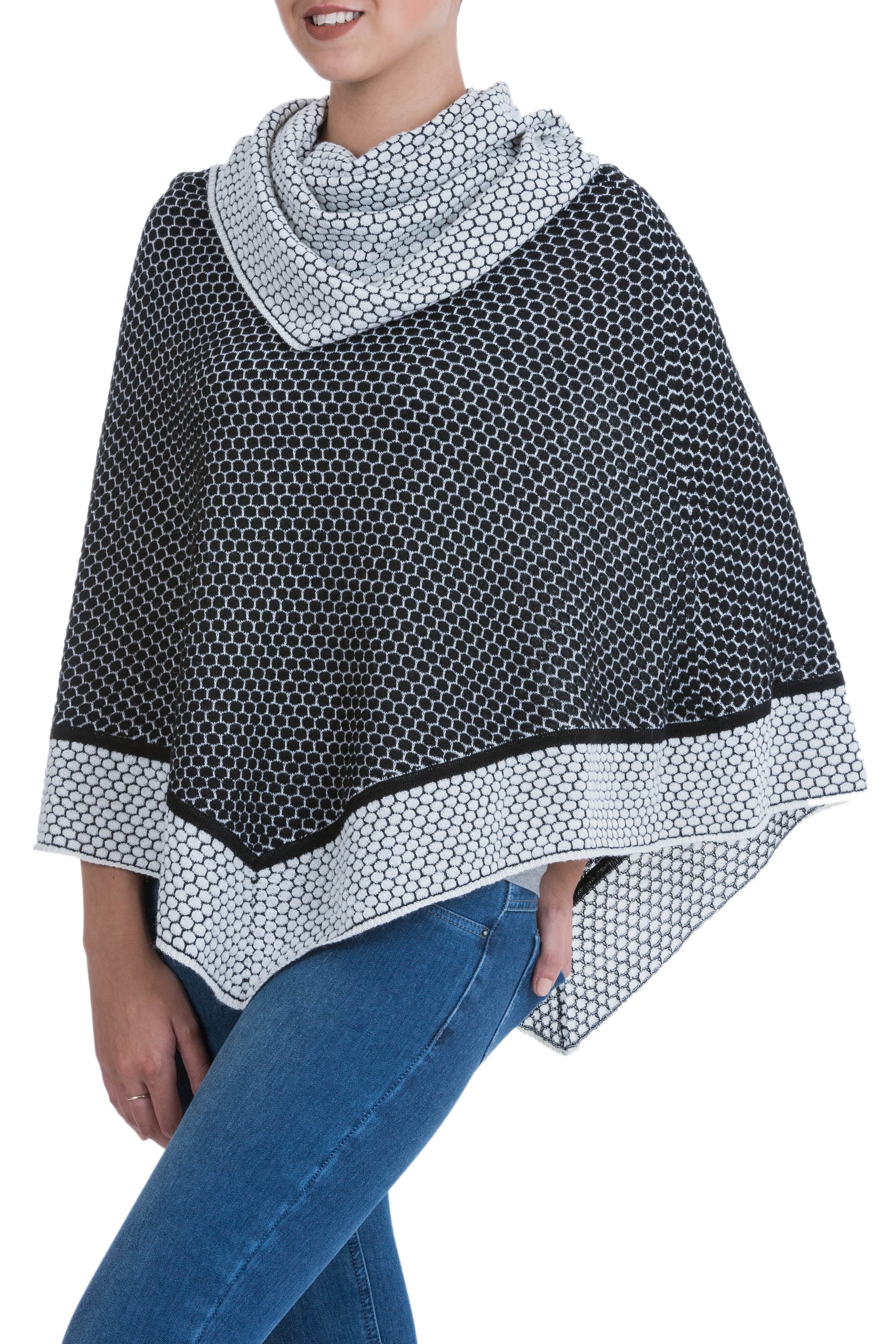 100% alpaca poncho, 'Honeycomb Matrix'NOVICA Grey, Black and White 100% ...