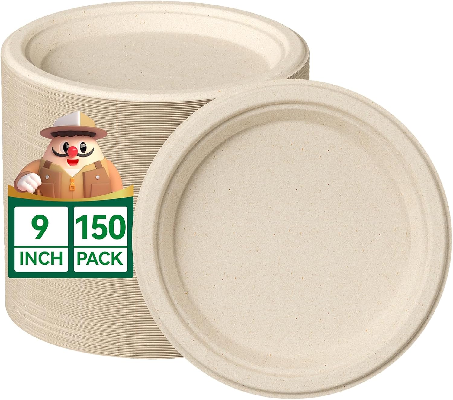 100% compostable paper plates, 150 pieces 9-inch heavy-duty plates, disposable use biodegradable eco-friendly sugarcane, bulk natural