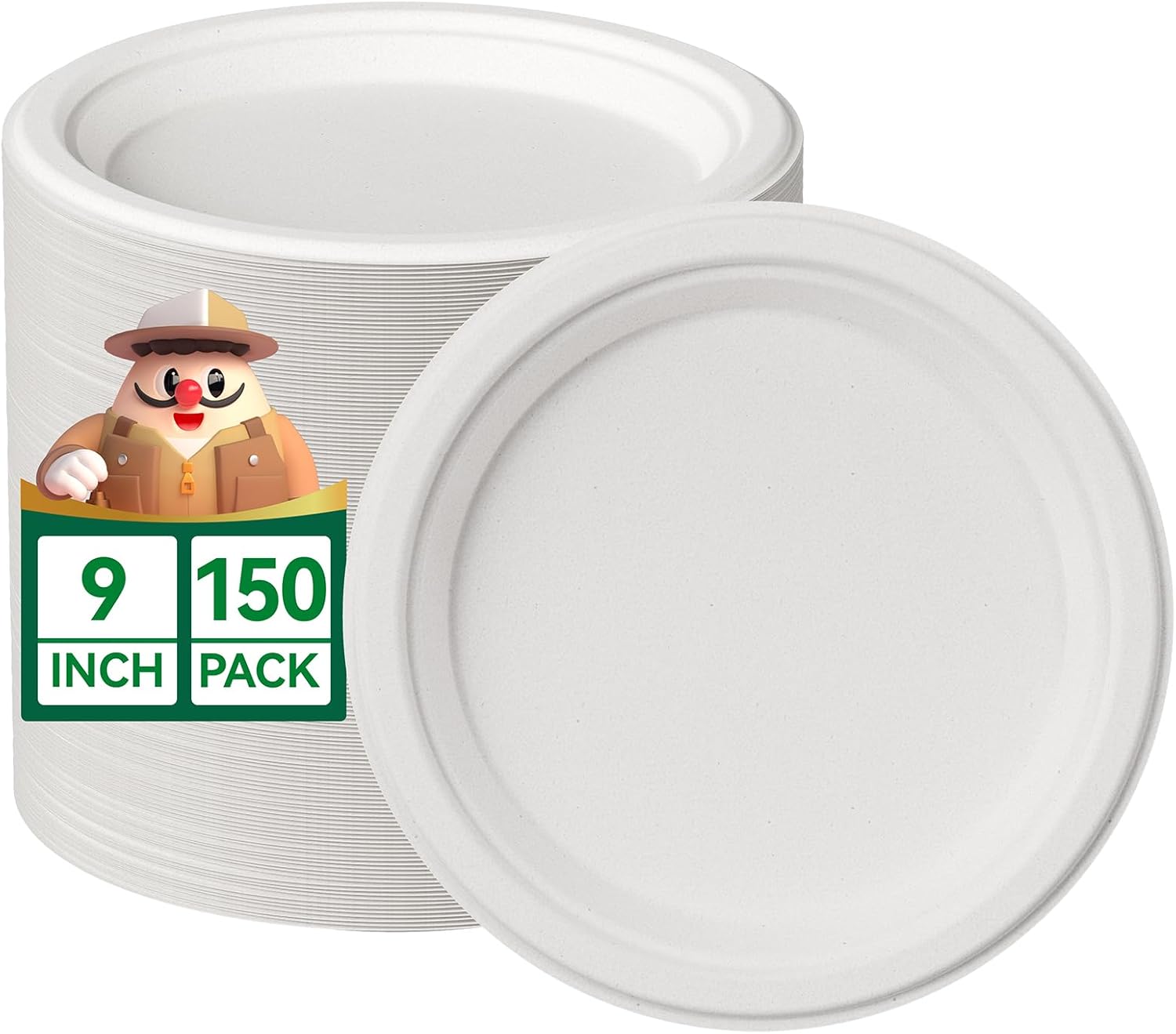 100% compostable paper plates, 150 pieces 9-inch heavy-duty plates, disposable use biodegradable eco-friendly sugarcane, bulk white