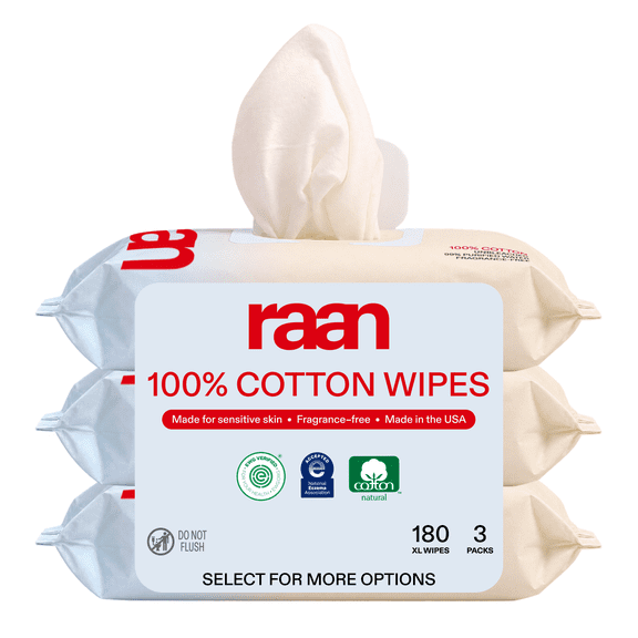 Raan Baby Wipes, 100% Cotton Water Wipes, Face Wipes for Sensitive Skin, 180 Count (3 Pack)