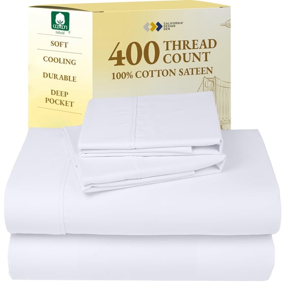 100% Cotton Queen Bed Sheets, 400 Thread Count Sa, Soft Cooling Sheets, Deep Pocket Fitted Sheet With Elastic, Wrinkle Resistant, White