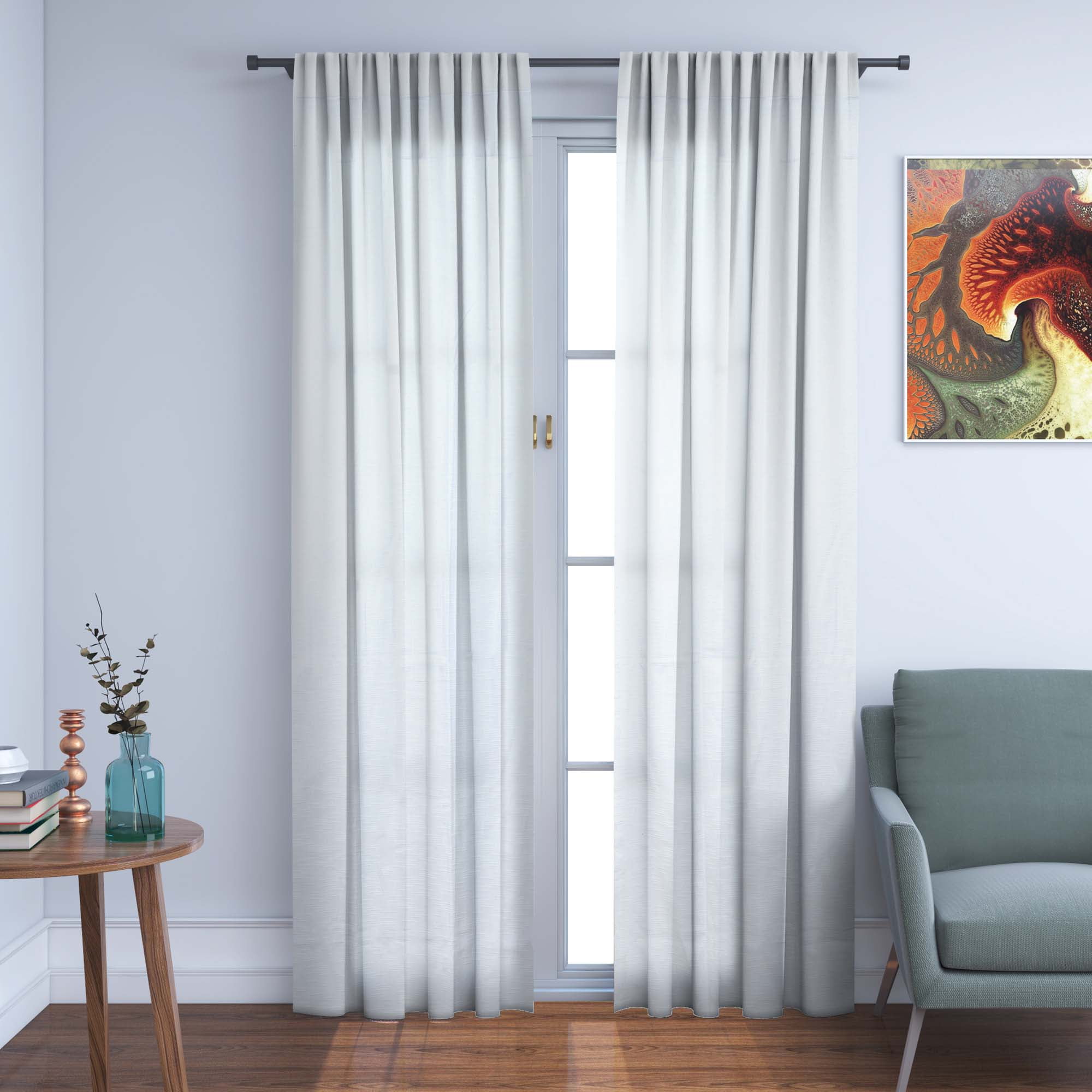 White Cotton Linen Light-Filtering Tab Top Curtains 50x63