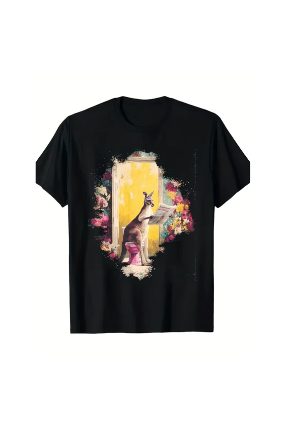 100% cotton tshirts men tee 1pc Men's Funny Kangaroo Toilet Time Graphic T-Shirt - Humorous Animal Reading Newspaper Design, Black Casual Short