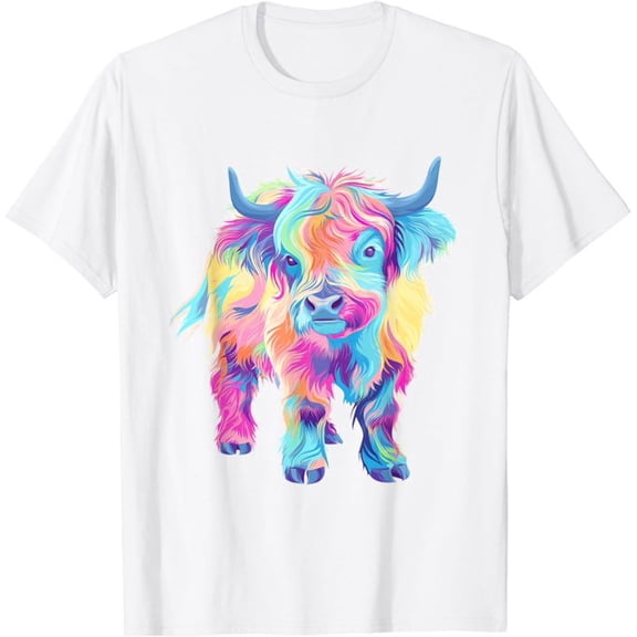 100% cotton tshirts men tee Cute Rainbow Scottish Highland Cow, Colorful Design T-Shirt