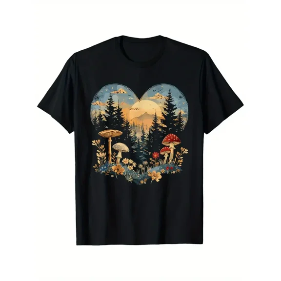 100% cotton tshirts men tee Enchanted Forest Heart Mushroom Aesthetic T-Shirt, 100% Cotton