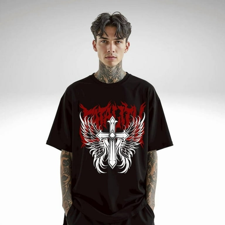 100% cotton tshirts men tee Gothic Winged Cross T-Shirt – Metal