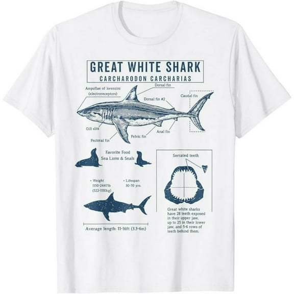 100% cotton tshirts men tee Great White Shark Anatomy Marine Biologist T-Shirt