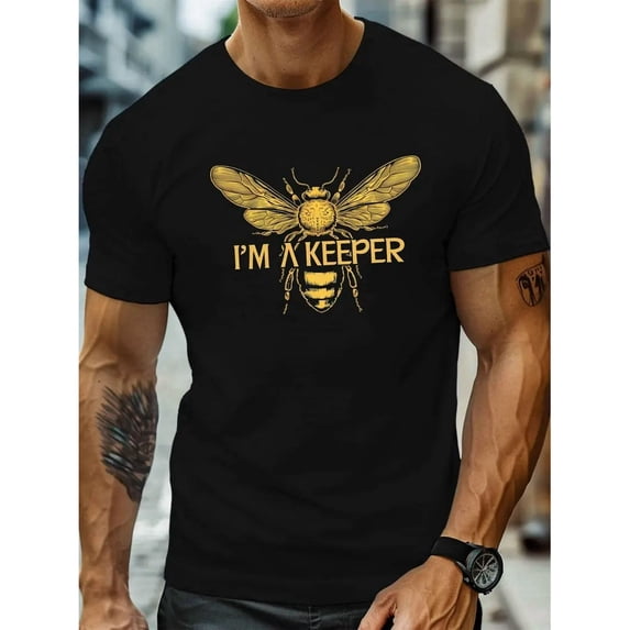 100% cotton tshirts men tee I'M A KEEPER Bee Graphic Tee Men's Casual Crew Neck T-Shirt - Black with Yellow Bee & Text Print