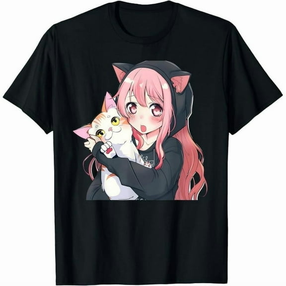 100% cotton tshirts men tee Kawaii Graphic Girl Cat Japanese Otaku Anime Merch T-Shirt