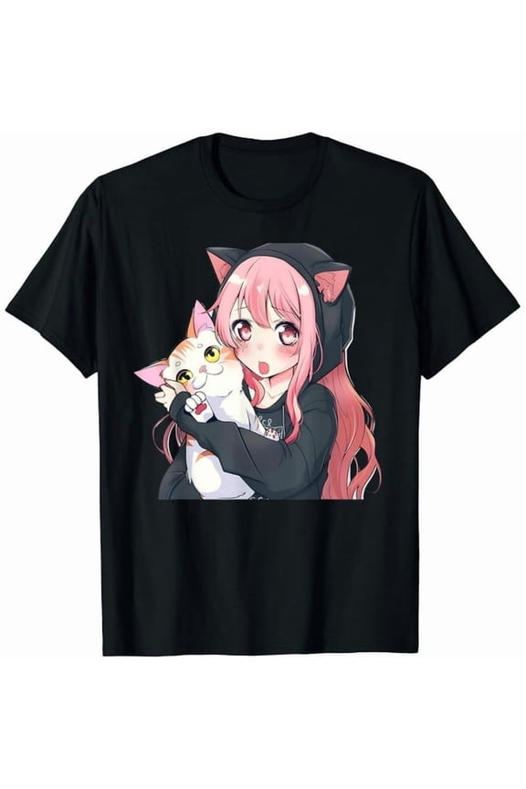 100% cotton tshirts men tee Kawaii Graphic Girl Cat Japanese Otaku Anime Merch T-Shirt