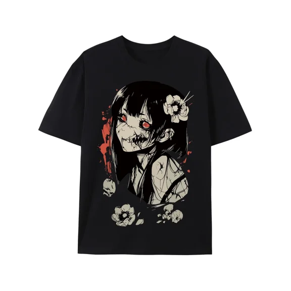 100% cotton tshirts men tee Men Horror Anime Graphic T-Shirt - Japanese Manga Gothic Skull & Floral Print, 100% Cotton