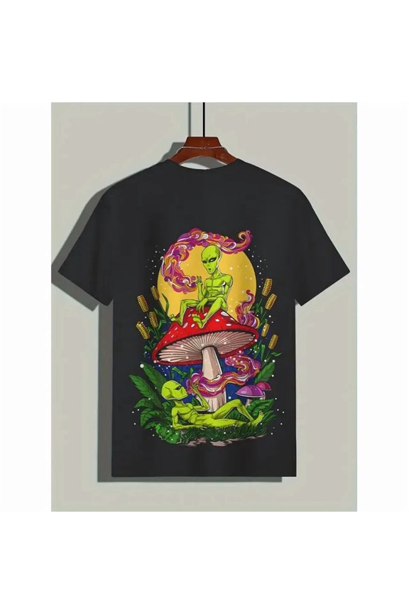 100% cotton tshirts men tee Men'S Casual Fashion T-Shirt, Geometric Alien and Mushroom Print, Polyester Knit Fabric with Slight Stretch, Crew Neck, Regular Fit for All Seasons