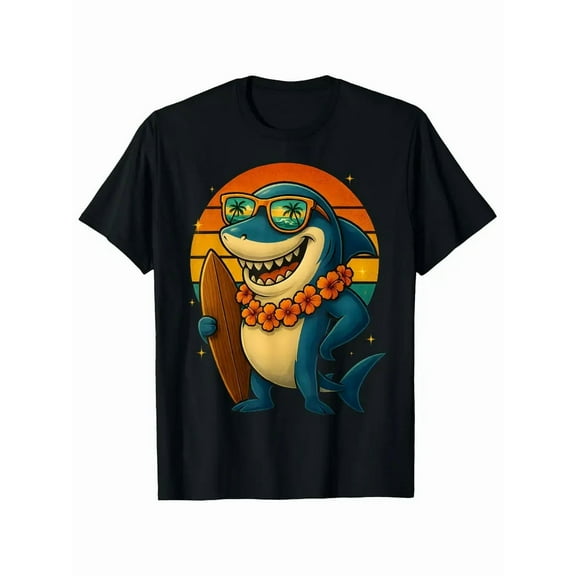 100% cotton tshirts men tee Men's 100% Cotton Retro Shark Graphic T-Shirt - Funny Cartoon Shark in Fashion Glasses