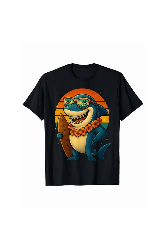 100% cotton tshirts men tee Men's 100% Cotton Retro Shark Graphic T-Shirt - Funny Cartoon Shark in Fashion Glasses