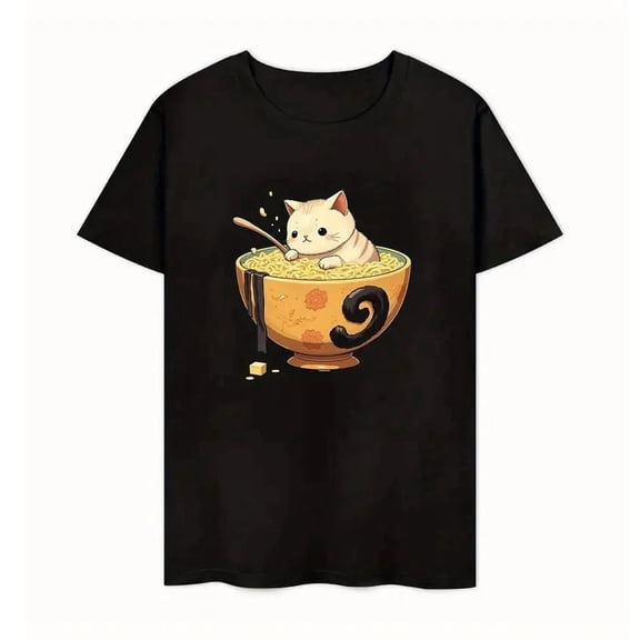 100% cotton tshirts men tee Men's 180g Pure Cotton T-Shirt - Cute Cat in Ramen Bowl Graphic Tee with Noodles & Spoon Design,