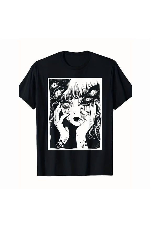 100% cotton tshirts men tee Men's Anime Graphic T-Shirt - St. Patrick's Day Horror Manga Design, Black & White Anime Girl Illustration, Casual Streetwear, 100% Cotton, Loose Fit, Short Sleeve