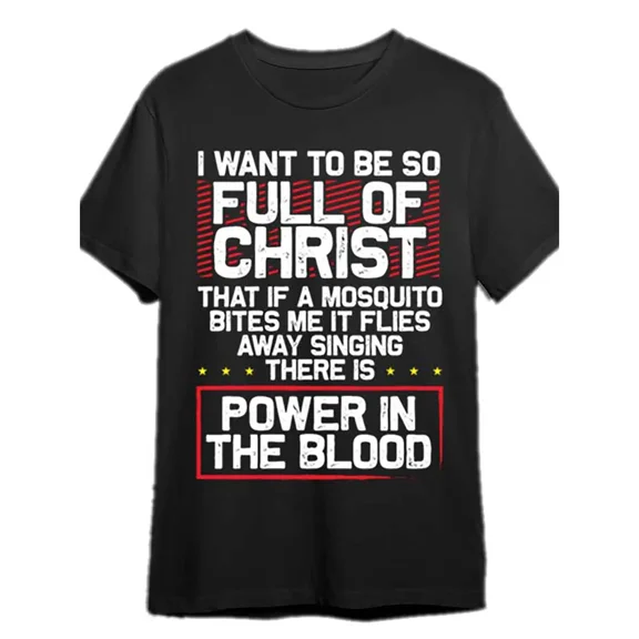 100% cotton tshirts men tee Men's Black Cotton T-Shirt - "Power in the Blood" Religious Graphic Tee with Mosquito & Christ Quotes