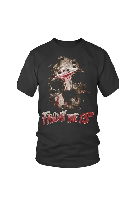 100% cotton tshirts men tee Men's "Friday the 13th" Graphic T-Shirt - Black Cotton, Short Sleeve, Casual Crew Neck with Distressed Skull Design,