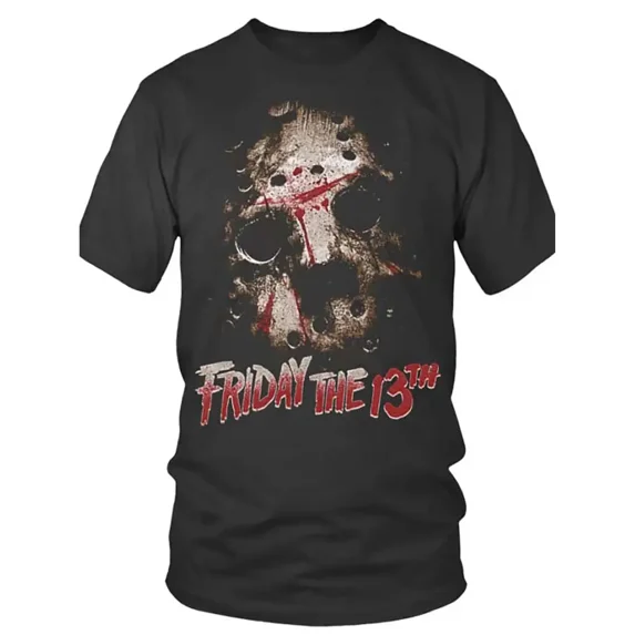 100% cotton tshirts men tee Men's "Friday the 13th" Graphic T-Shirt - Black Cotton, Short Sleeve, Casual Crew Neck with Distressed Skull Design,
