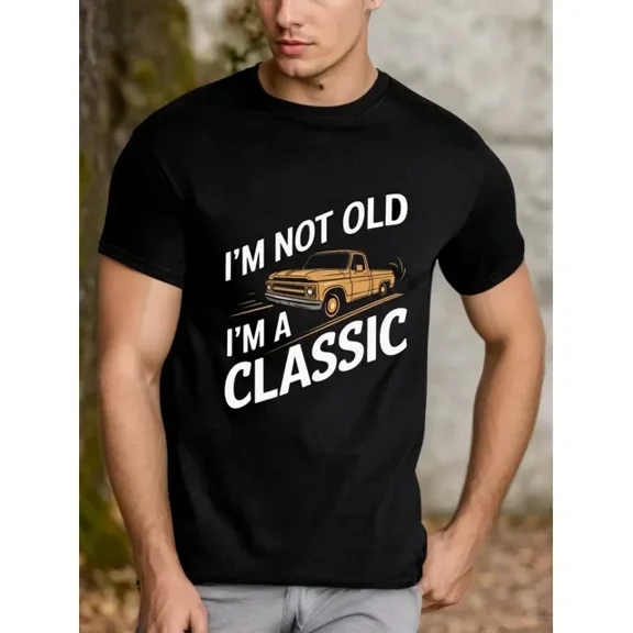 100% cotton tshirts men tee Men's "I'm Not Old, I'm Classic" Graphic Tee - Black Vintage Truck Design, Casual Big & Tall T-Shirt with Pockets