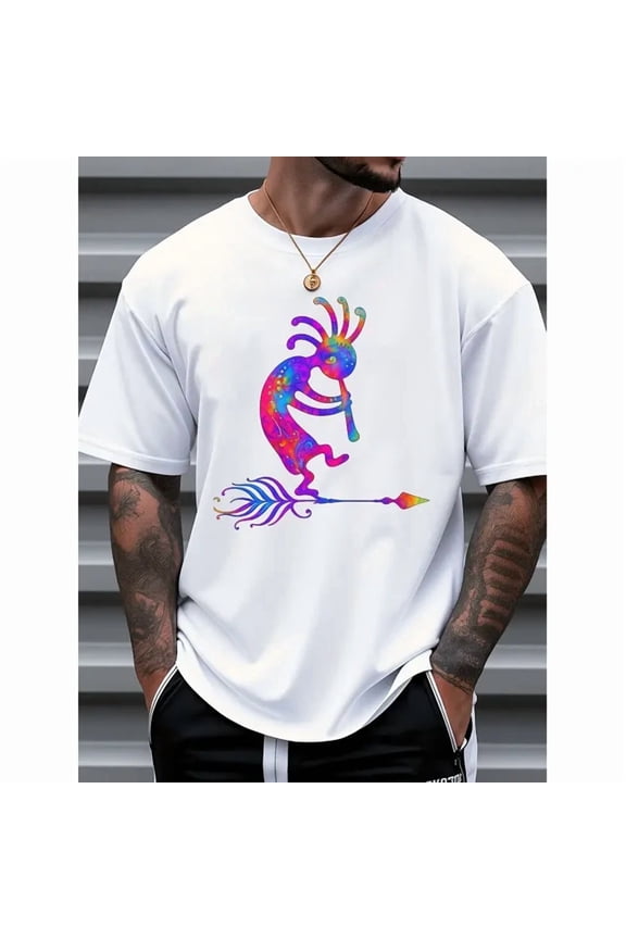 100% cotton tshirts men tee Men's Kokopelli Native American Flute Graphic Tee - White T-Shirt with Rainbow Colors - Southwest Music Festival Shirt for powwows