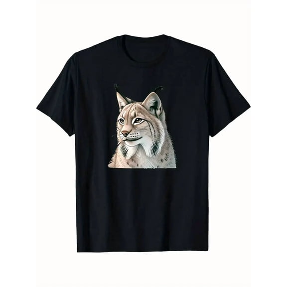 100% cotton tshirts men tee Men's Lynx Wild Cat Graphic T-Shirt - Black with Realistic Lynx Head Print - Heavyweight 100% Cotton