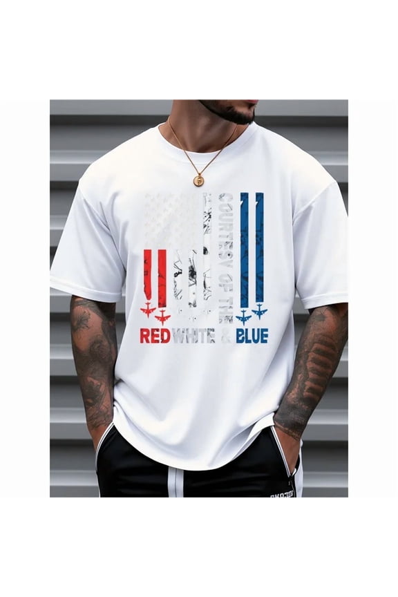 100% cotton tshirts men tee Men's Patriotic USA Flag Print T-Shirt - 100% Cotton Loose Fit Casual Tee with Red White & Blue Design,