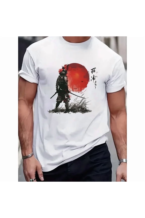 100% cotton tshirts men tee Men's Samurai Art Graphic T-Shirt - White Cotton Short Sleeve with Red Sun & Japanese Warrior Print, Casual Summer Tee for Adults, Anime Clothes