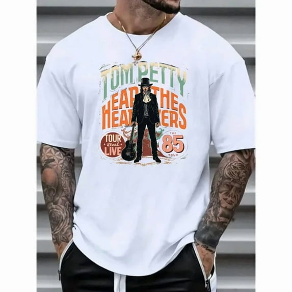 100% cotton tshirts men tee Men's Vintage Tom Petty & The Heartbreakers 1985 Tour Graphic T-Shirt - White Round Neck Casual Tee