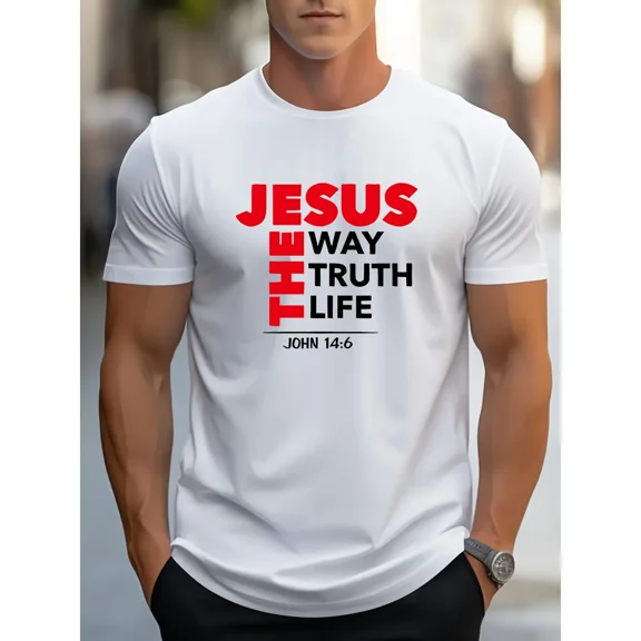 100% cotton tshirts men tee Men's White 100% Cotton Casual T-Shirt - "Jesus The Way The Truth The Life" Graphic, Short Sleeve, Round Neck