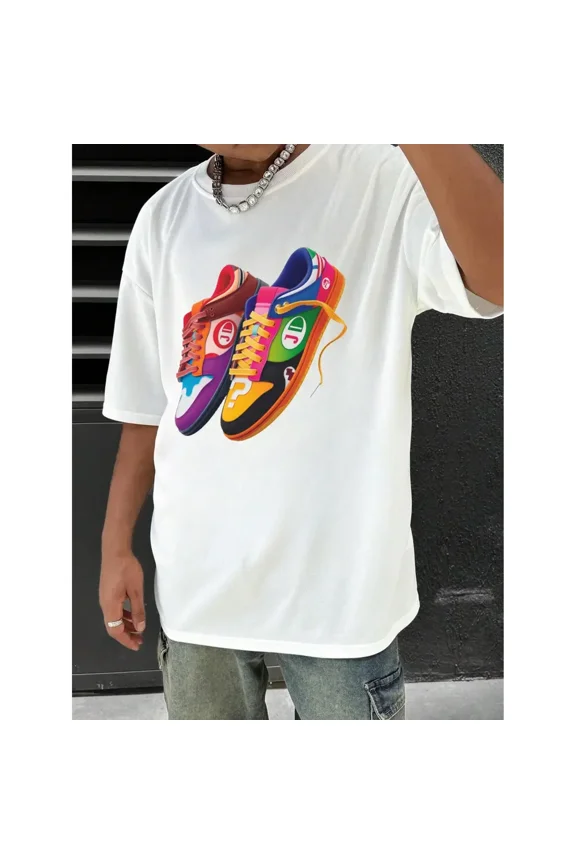 100% cotton tshirts men tee Mens Clothes, T Shirts for Men, Street Wear Style Design with Colorful Sneaker Print, 100% Pure Cotton