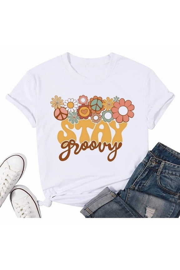100% cotton tshirts men tee Retro Stay Groovy Shirt for Women Hippie 70s T-Shirt Cute Floral Graphic Tees Casual Summer Short Sleeve Tops
