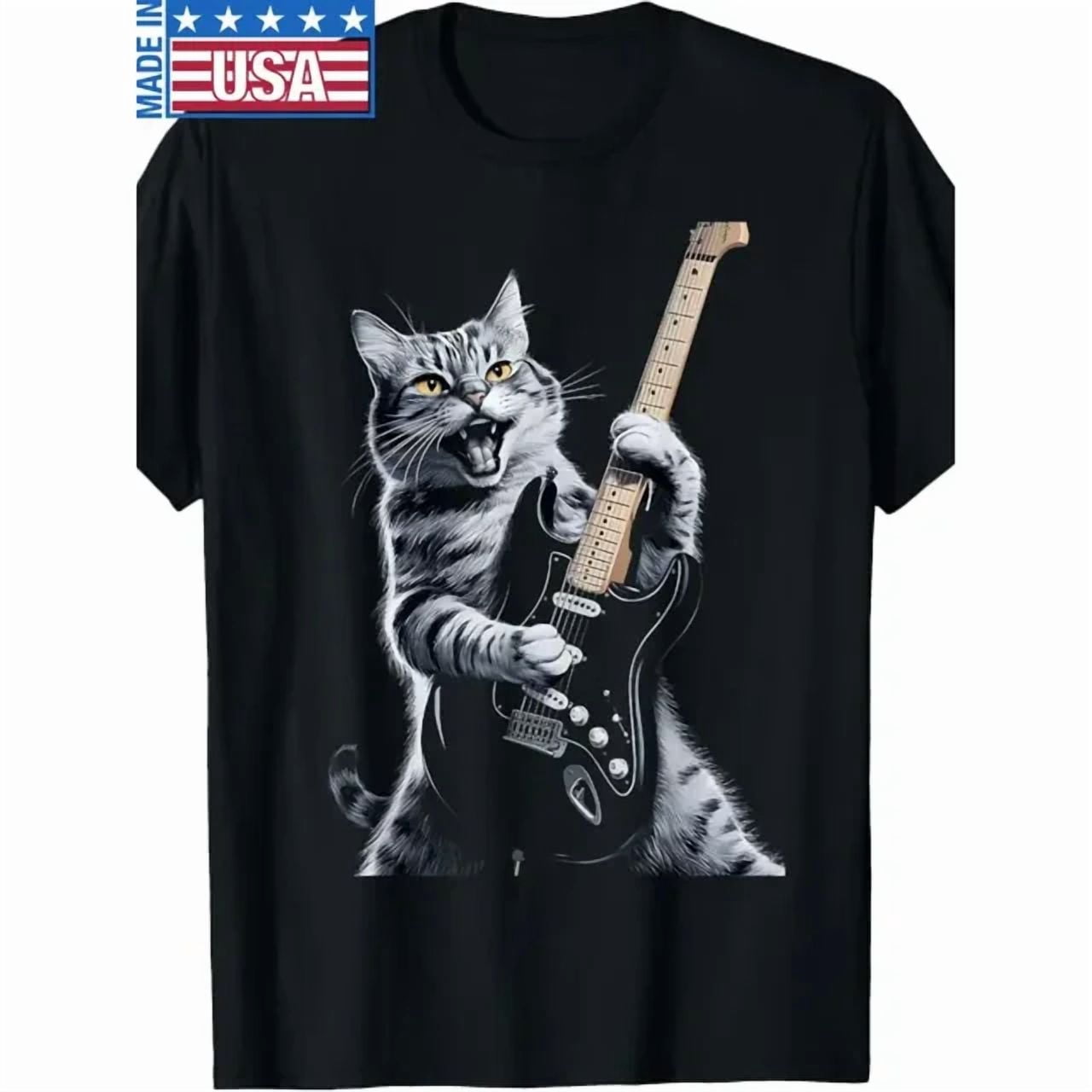 100% cotton tshirts men tee Rockstar Cat Playing Guitar Graphic T-Shirt ...