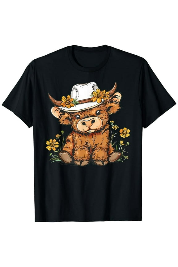 100% cotton tshirts men tee Scottish Cute Highland Cow Cattle Hairy Cow Flowers Women T-Shirt