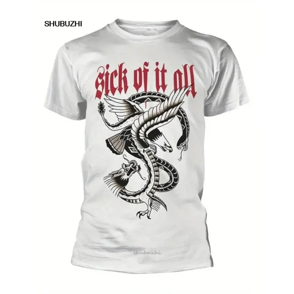 100% cotton tshirts men tee Sick Of It All 'Eagle' Graphic T-Shirt for Men - Official Band Merch, White Cotton Tee with Red & Black Eagle Print