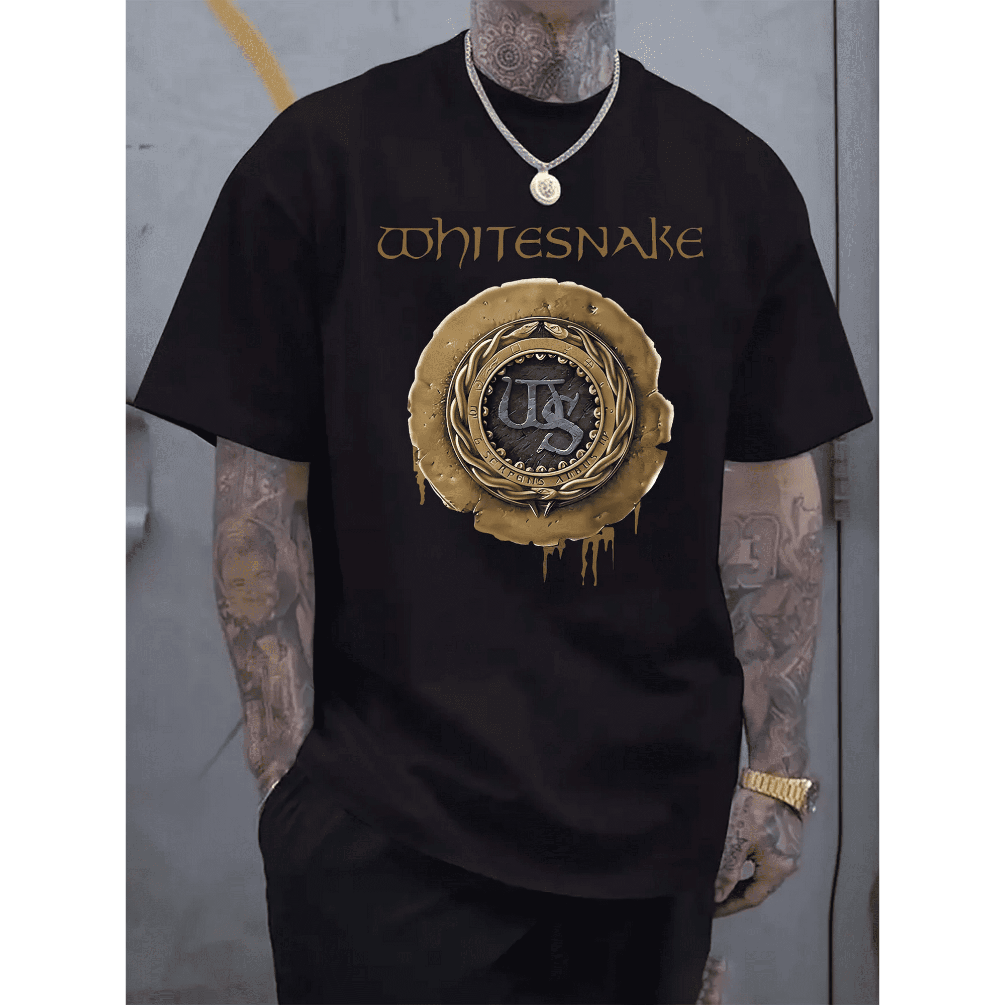 Machine Washable Emblem 100% cotton tshirts men tee Whitesnake Band Logo Emblem Print Men's ...