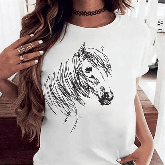 100% cotton tshirts men tee Womens Clothing Fashion Ladies and Girls Horse Print Short Sleeve T-shirts Horse Lovers Gifts Cute Tees Shirts Womens Blouses