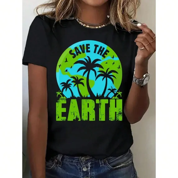 100% cotton women's "Save the Earth" palm tree earth print T-shirt,