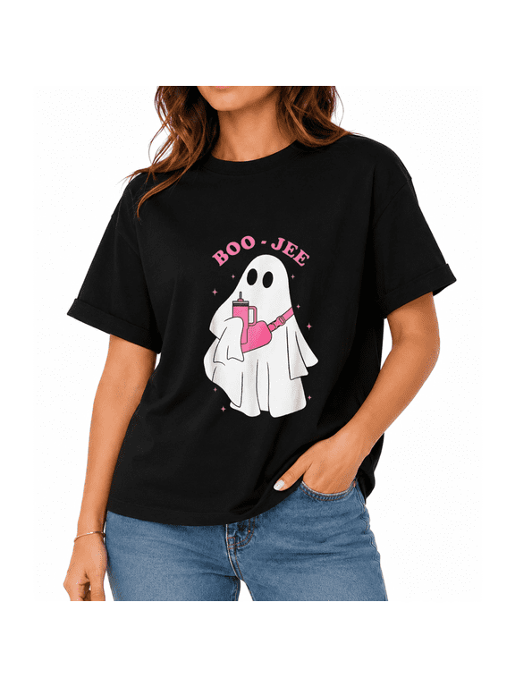 100% cotton women's T-shirt with Halloween pattern, funny ghost Boo, horror theme