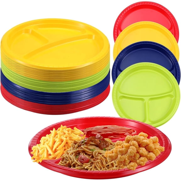100 count 10 Inch 3 Compartment Plates Plastic, Divided Plate, Section Plates Heavy Duty Disposable Dinnerware for Party Wedding Birthday(Red, Yellow, Blue, Green)