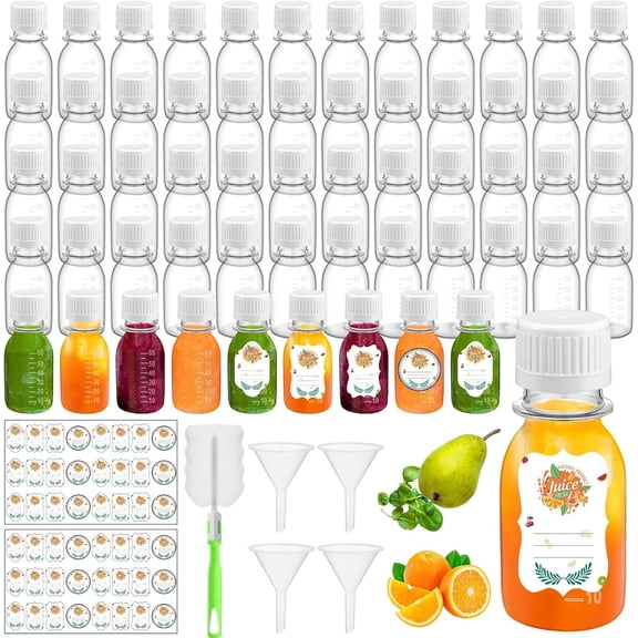 100 count 2oz Small Plastic Juice Bottles with White Cap Mini Clear Shot Jar with Lid Scale and Label for Ginger Liquid Drink Milk Coffee Storage Container Portable Travel