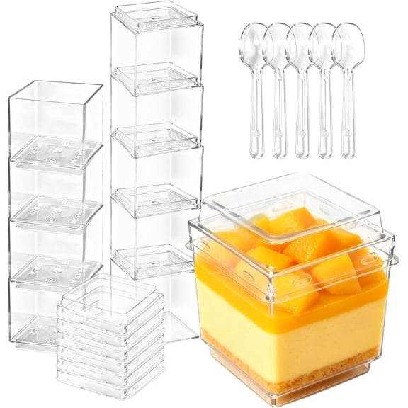 100 count 3 oz Mini Plastic Dessert Cups with and Spoons, Disposable Clear Pudding Parfait Jello Shooter Cups Tiramisu Containers, Square Party Serving Bowls for Fruit Ice Cream Yogurt Nut
