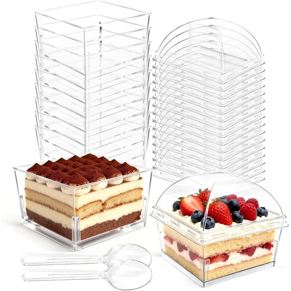 100 count 5 oz Plastic Dessert Cups with Dome and Spoons, Disposable Cupcake Ice Cream Bowls Tiramisu Containers for Yogurt Trifle Candy, Clear Square Parfait Fruit Cups for Appetizer Snack