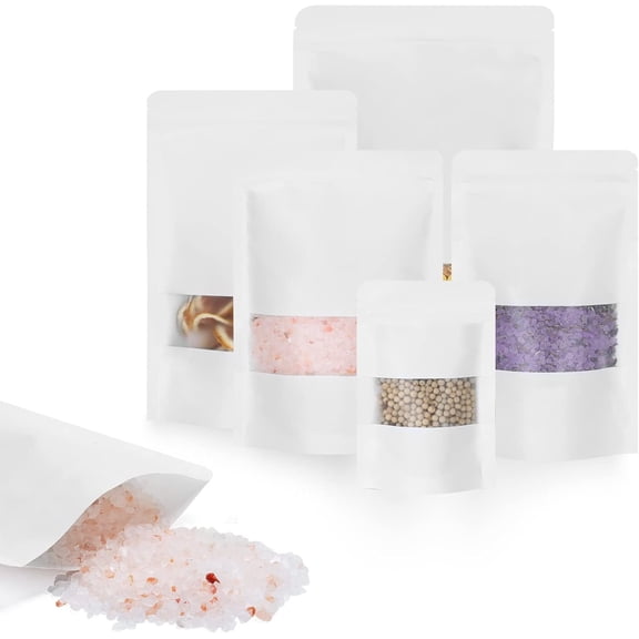 100 count Bags with Window 3.5x5.5 Inches White Sealable Zip Lock Storage Stand up Paper Pouches for or Business